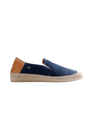 Scarpa slip-on con tomaia in tessuto blu navy, tacco in pelle color cuoio, intersuola in juta intrecciata e suola esterna in gomma beige chiaro.