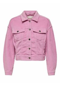Růžová kordová bunda s krátkým střihem, obsahující dvě náprsní kapsy, stříbrné kovové knoflíky a dlouhé rukávy. Texturovaná tkanina.