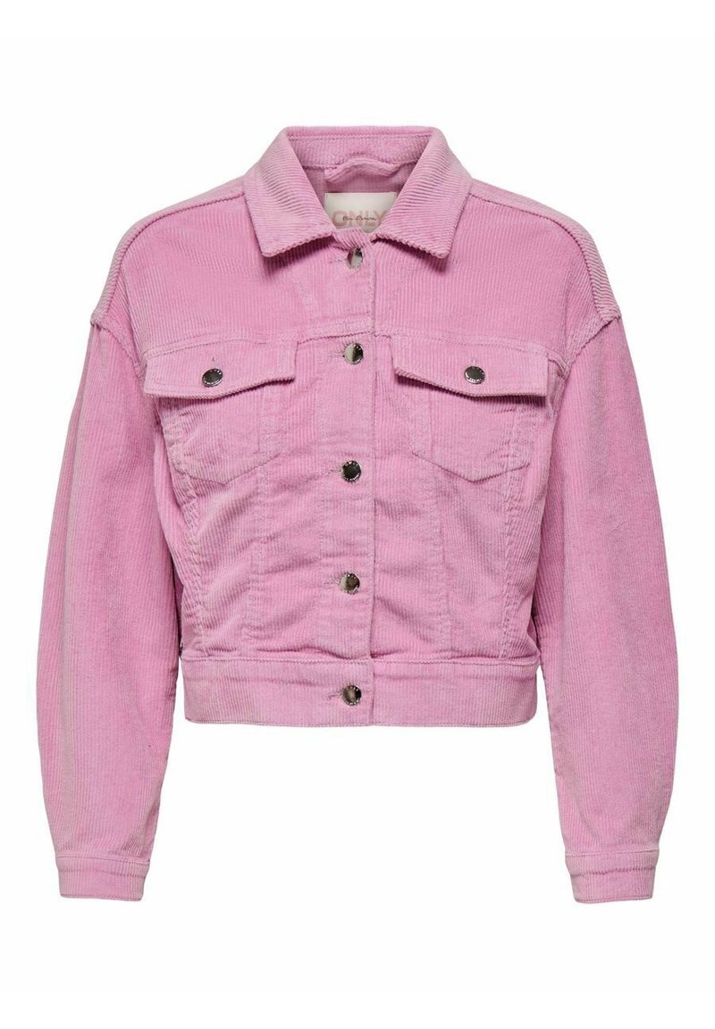 Růžová kordová bunda s krátkým střihem, obsahující dvě náprsní kapsy, stříbrné kovové knoflíky a dlouhé rukávy. Texturovaná tkanina.