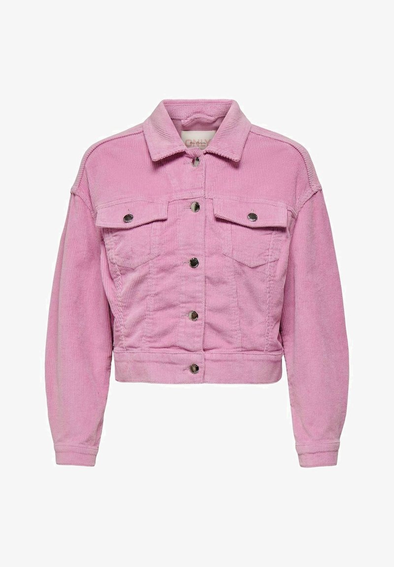 Růžová kordová bunda s krátkým střihem, obsahující dvě náprsní kapsy, stříbrné kovové knoflíky a dlouhé rukávy. Texturovaná tkanina.