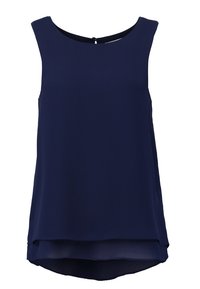 Blusa senza maniche blu navy realizzata in tessuto leggero. Presenta un collarino rotondo e un orlo stratificato con chiusura a occhiello sul retro.