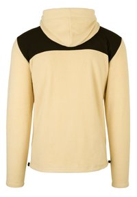 Felpa con cappuccio di colore crema, con un pannello nero sulla spalla, dotata di cappuccio e maniche lunghe. Tessuto morbido e design semplice.