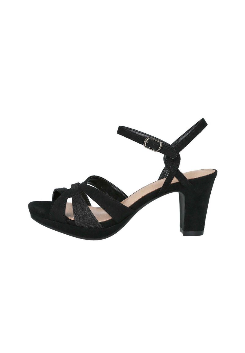 Sandalias de tacón alto negras con la punta abierta, con un diseño de ante entrelazado y una correa para el tobillo ajustable. Suela de goma.