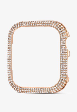 Cadre de montre intelligente en or rose recouvert de plusieurs rangées de petits cristaux ronds et transparents sur tous les côtés.