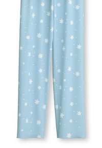 Helle blaue Stoffleggings mit einem weißen Schneeflockenmuster und verstreuten Punkten. Weiches Material, dehnbare Passform und gerader Schnitt.
