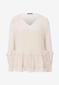 Blouse longue manches de couleur crème avec col en V, plis aux épaules et volants le long de la taille et des poignets.