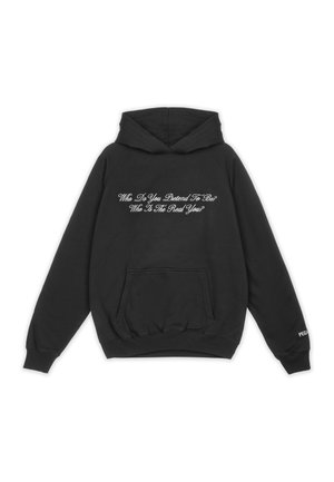 Black hoodie made of soft fabric featuring a kangaroo pocket, drawstring hood, and two embroidered phrases in white cursive text.