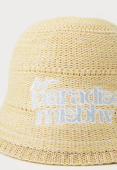 Yellow woven bucket hat with an embroidered white logo. Features textured surface and a wide, structured brim.