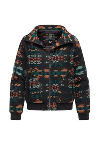 Giacca in pile con zip, caratterizzata da motivi geometrici multicolore su sfondo nero, con colletto alto e polsini e orlo a coste.