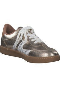 Metallic bronze sneaker with white accents, featuring a perforated design, round toe, flat rubber sole, and white laces.