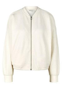 Giacca bomber bianca con texture a coste, chiusura frontale con zip completa e polsini elastici. Presenta un colletto classico e una vestibilità rilassata. Taglia S.