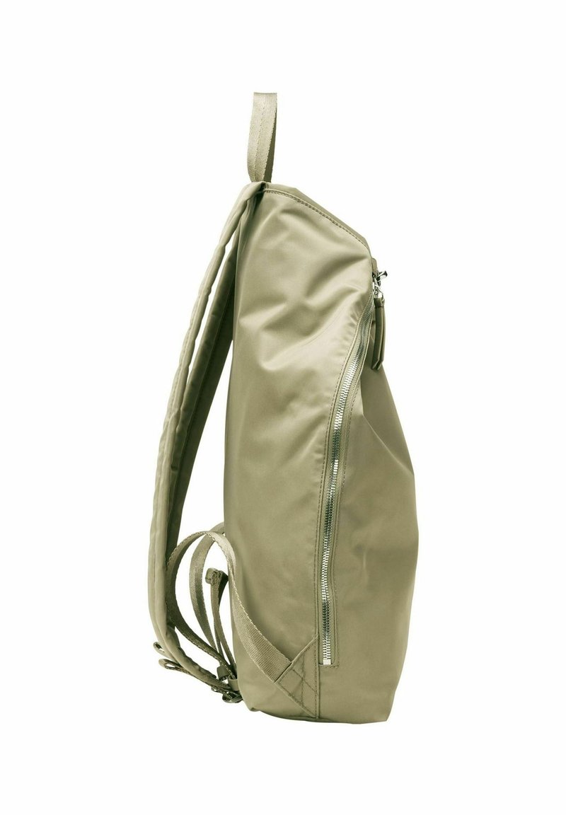 Khaki-Rucksack mit schlankem Design, gefertigt aus glattem Stoff. Verfügt über einen seitlichen Reißverschluss, gepolsterte Tragen und eine Aufhängeschlaufe für zusätzlichen Komfort.