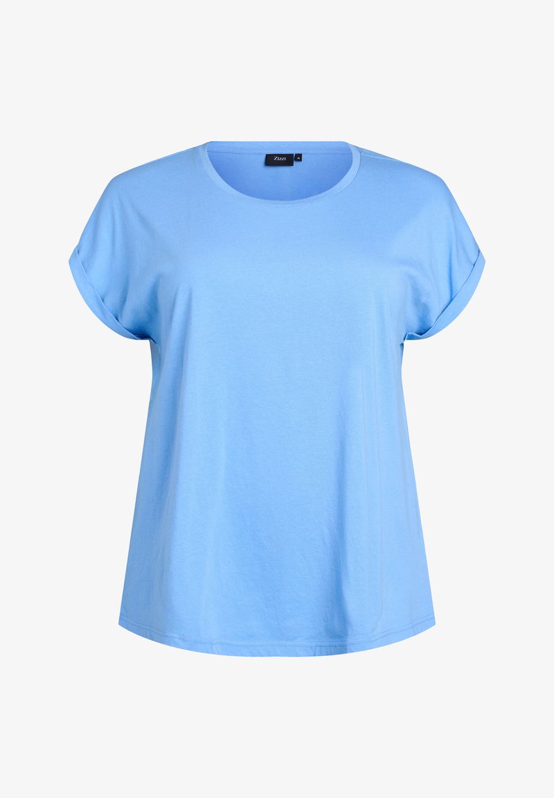 Gaiši zils kokvilnas t-krekls ar īsām ruļļveida piedurknēm, apaļu kakla izgriezumu un brīvu piegriezumu. Gluda tekstūra, bez rakstiem vai akcentiem.