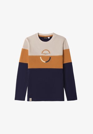 T-shirt a maniche lunghe nei colori crema, senape e blu navy. Presenta un design grafico circolare e un tessuto di cotone morbido. Etichetta all'orlo.