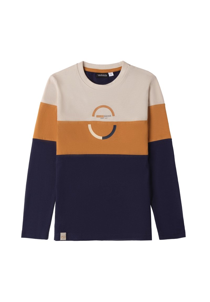 Langärmeliges T-Shirt in Creme-, Senf- und Marineblau-Tönen. Mit einem runden grafischen Design und einem weichen Baumwollstoff. Etikett am Saum.