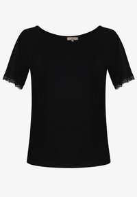 Zwarte kortekorte top met een ronde hals en kantafwerking bij de mouwen. Gemaakt van gladde stof, met een relaxte pasvorm en minimalistisch design.