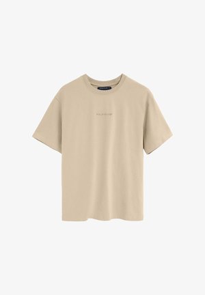 Beiges kurzärmeliges Baumwoll-T-Shirt mit Rundhalsausschnitt und dezent gesticktem "Polo Club"-Logo auf der Brust.