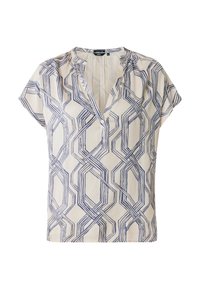 Blusa a maniche corte in tessuto beige chiaro con motivo geometrico blu navy, scollatura a V e dettagli arricciati sulle spalle.