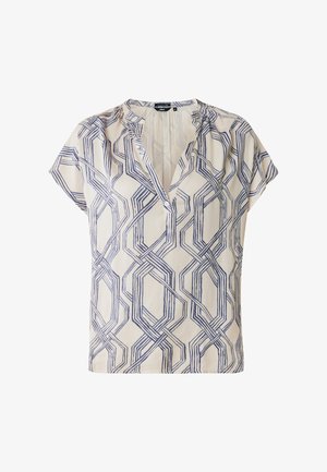 Bluzka z krótkim rękawem w jasnym beżowym kolorze z granatowym geometrycznym wzorem, dekoltem w kształcie litery V oraz marszczeniami na ramionach.