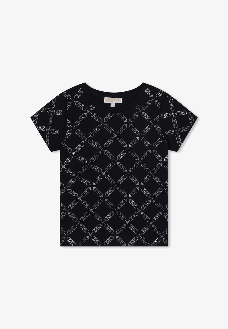 T-shirt noir à manches courtes avec un motif géométrique argenté, col rond et texture douce et lisse.