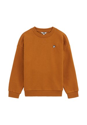 Bluza z długim rękawem w kolorze rdzy z prążkowymi mankietami i dolnym wykończeniem, z małym białym i czarnym logo ptaka na lewej piersi.