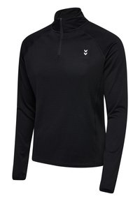 Zwarte longsleeve pullover met een kwart-rits kraag, gemaakt van gestoffeerd materiaal. Bevat een klein logo op de borst, eenvoudig ontwerp.