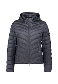 Veste matelassée gris foncé, dotée d'une capuche, de coutures diagonales, d'une fermeture éclair et de poches à boutons-pression. Tissu lisse et brillant avec un design léger.