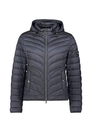 Kurtka pikowana w ciemnoszarym kolorze, z kapturem, skośnym przeszyciem, zamkiem błyskawicznym oraz kieszeniami na zatrzaski. Gładka, błyszcząca tkanina o lekkim kroju.