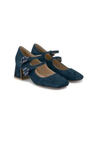 Chaussures Mary Jane en suede bleu foncé avec des orteils carrés, des brides de cheville et un accent décoratif en bijoux bleus sur un talon carré en bloc brillant.