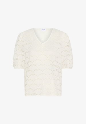 Haut en dentelle blanche avec un décolleté en V, des manches courtes à volants et un motif en scallops sur l'ensemble du tissu, offrant une apparence texturée et superposée.