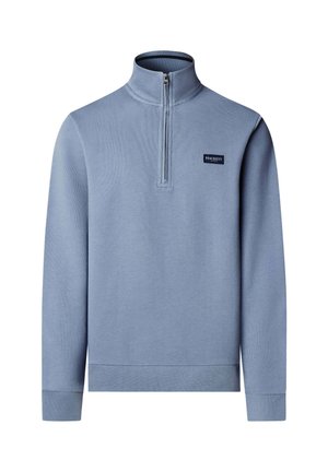 Maglione azzurro chiaro a maniche lunghe con cerniera a un quarto, collo alto e piccolo logo rettangolare di Hackett London sul petto a sinistra.