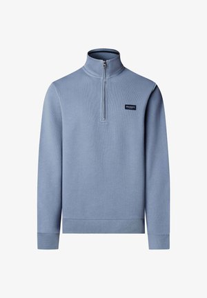 Hellblauer Langarm-Pullover mit Viertel-Reißverschluss, hohem Kragen und kleinem rechteckigem Hackett London Logo auf der linken Brust.