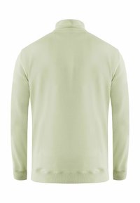 Sudadera verde claro con un cuello alto, mangas largas y puños y dobladillo acanalados. Textura suave, sin patrones ni logotipos visibles.