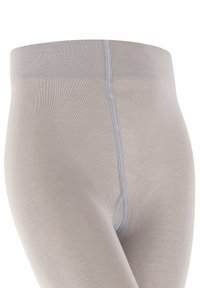 Beige Leggings mit einem breiten Bund, glatter Textur und flachen Nähten, ausgestattet mit einer Schein-Reißverschluss-Details in kontrastierender hellgrauer Naht.