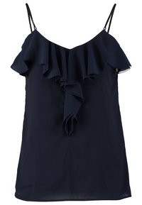 Blouse sans manches bleu marine foncé avec fines bretelles spaghetti et détail de tissu froncé sur la poitrine et au centre devant.