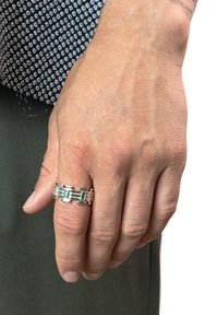 Sudraba gredzens ar mainīgiem taisnstūrveida caurspīdīgiem un zaļiem akmeņiem, ar ģeometrisku dizainu. Nēsāts uz rādītājpirksta.