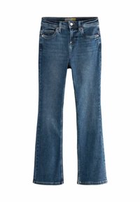 Jeans en denim bleu évasés avec une taille mi-haute, un design à cinq poches, des coutures contrastées et une texture lisse.