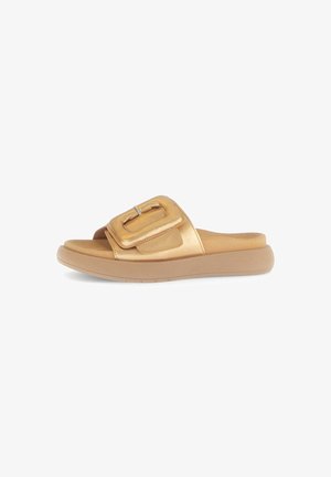 Gold slide sandal with a large rectangular buckle, smooth synthetic upper, and a thick beige sole for added comfort and support.