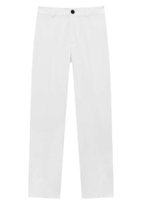 Białe spodnie o prostym kroju, wykonane z lekkiego materiału. Posiadają zapięcie z przodu na czarny guzik oraz dwie boczne kieszenie.