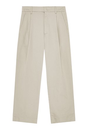 Beige gerade geschnittene Hose mit Gürtelschlaufen, vorderen Falten, seitlichen Taschen und einem Knopfverschluss in der Taille.