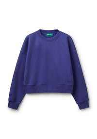 Fialový zkrácený svetr s kulatým výstřihem, dlouhými rukávy a žebrovanými manžetami. Na přední straně má nenápadné logo. Měkká, strukturovaná látka.