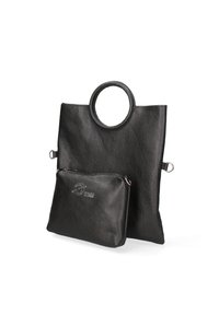 Borsa tote in pelle nera con un ampio manico circolare, finitura testurizzata e una pochette rimovibile con zip con dettaglio del logo in rilievo.