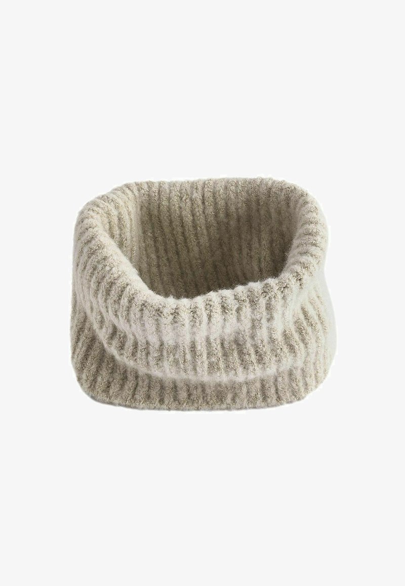 Filzhaustierbett in rechteckiger Form, mit einer dicken, gerippten Textur und neutraler beiger Farbe. Weiches, warmes Material mit einem gefalteten Randdesign.