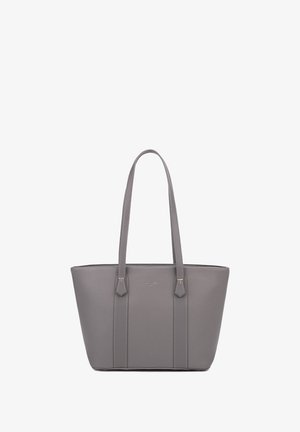 Grijze tote bag van glad synthetisch materiaal, langwerpige vorm, dubbele handvatten aan de bovenkant en subtiele textuur. Heeft een minimalistisch design zonder patronen.