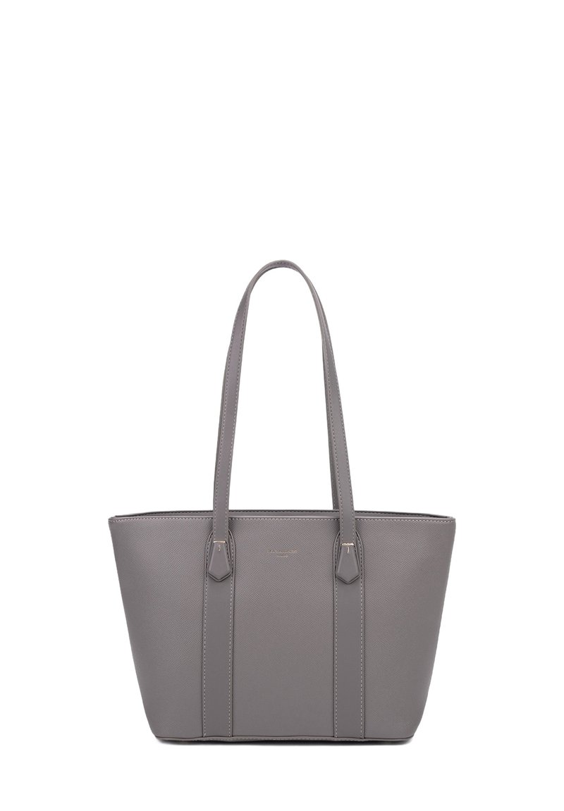 Borsa a mano grigia in materiale sintetico liscio, forma allungata, doppi manici superiori e trama sottile. Caratterizzata da un design minimalista senza motivi.