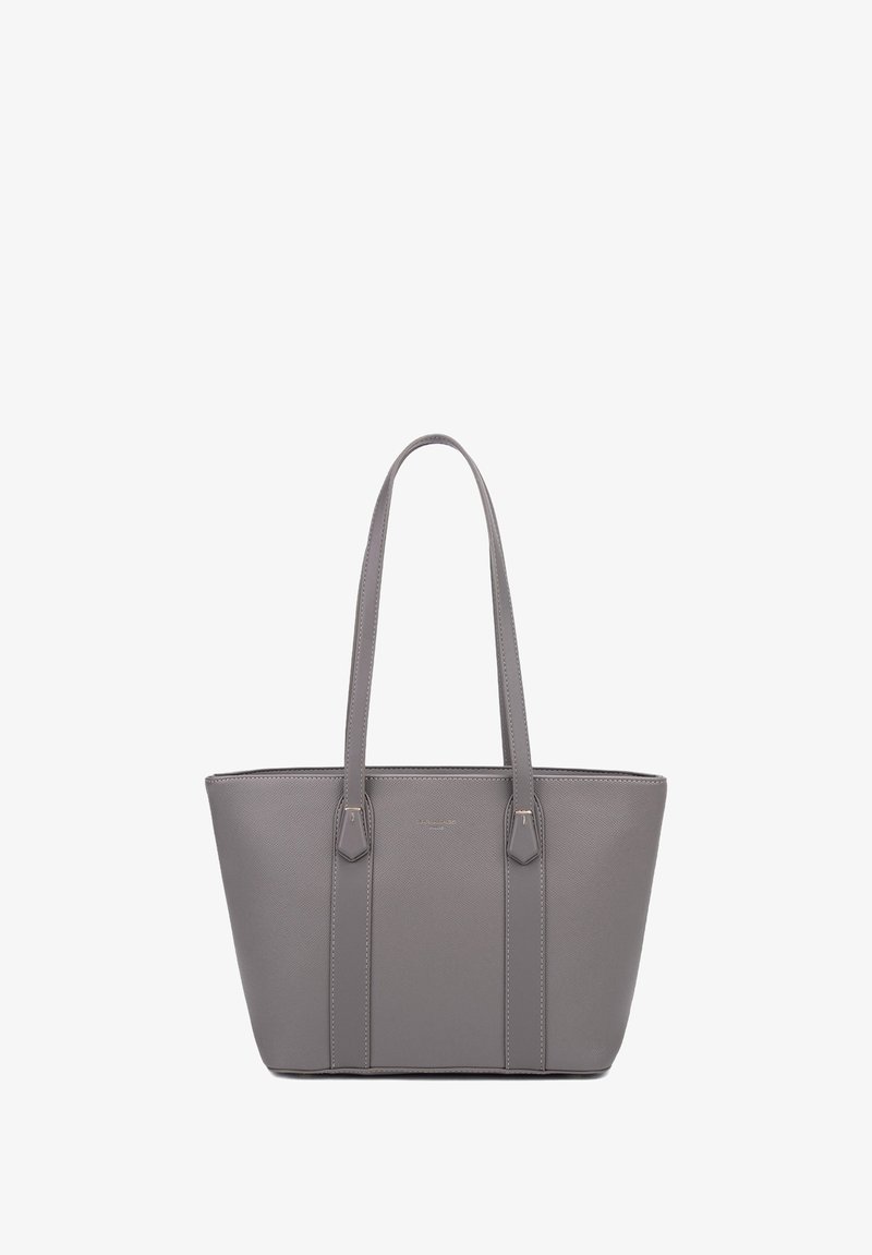 Borsa a mano grigia in materiale sintetico liscio, forma allungata, doppi manici superiori e trama sottile. Caratterizzata da un design minimalista senza motivi.