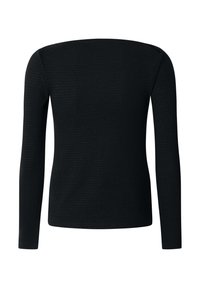 Μαύρο μακρυμάνικο τοπ με στρογγυλό λαιμόκοψη, με υφασμένο μοτίβο και εφαρμοστή γραμμή. Χωρίς ορατό μεταλλικό εξάρτημα ή διακοσμητικά.