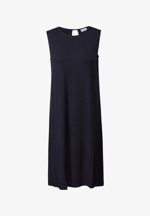 Granatowa sukienka bez rękawów, do kolan, z miękkiego materiału, z okrągłym dekoltem i otworem w kształcie łezki z tyłu. Prosty, prosty krój.