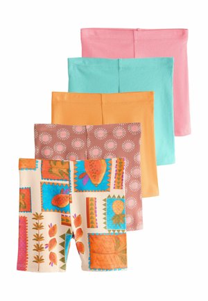 Fünf Kinderkurzshorts in Pink, Türkis, Orange, Pink mit weißen Sonnen und einem mehrfarbigen Obst-Patchwork-Muster.