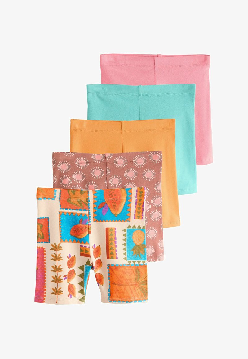 Cinq paires de shorts pour enfants en rose, turquoise, orange, rose avec des soleils blancs, et un motif patchwork multicolore de fruits.
